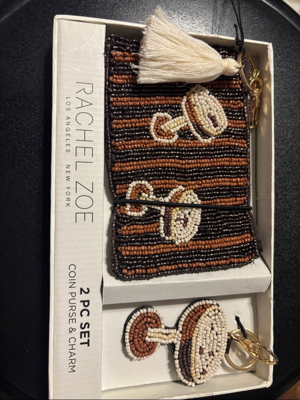 Rachel Zoe Espresso Beaded Coin Purse & Charm Set in Black, Brown, Cream‎